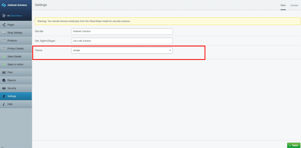 Setting the theme in the settings menu