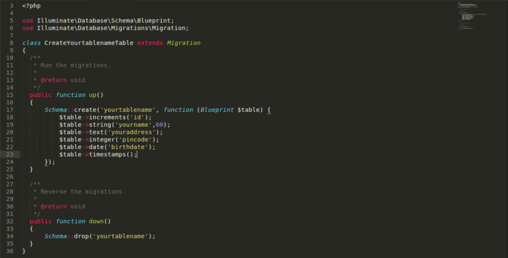 How to create a table using Migration