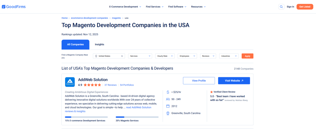 AddWeb Solution Named Top Magento Developer in the USA by GoodFirms