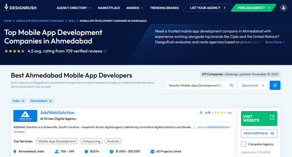 DesignRush Names AddWeb a Top 10 Mobile Developer in Ahmedabad