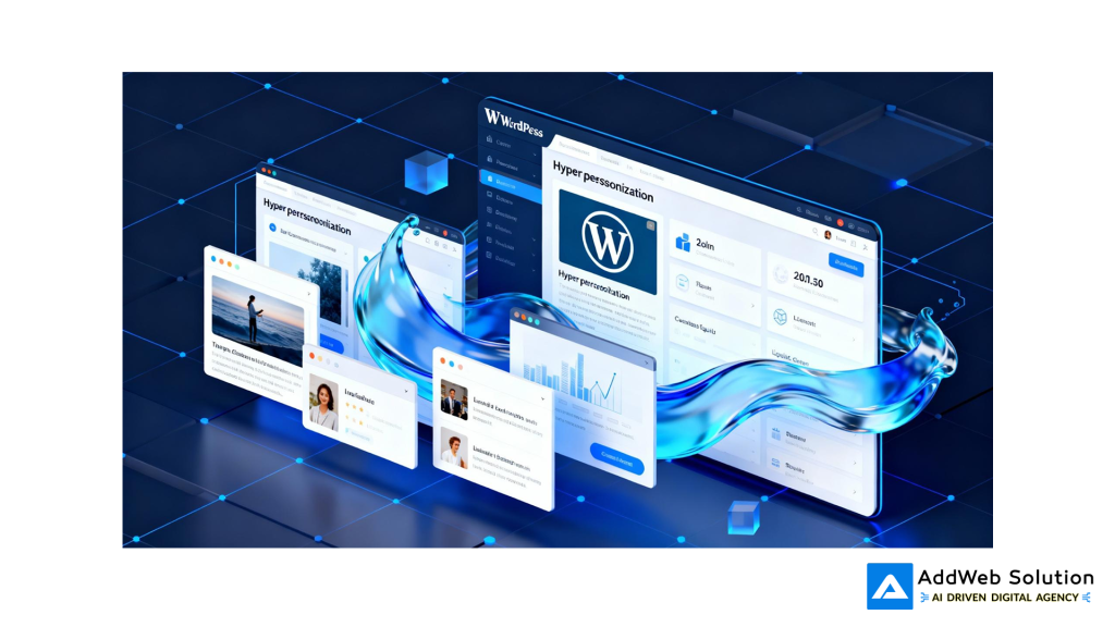 A futuristic 3D illustration of a WordPress dashboard showing dynamic content blocks shifting and adapting to user behavior, symbolizing the concept of liquid, personalized content.