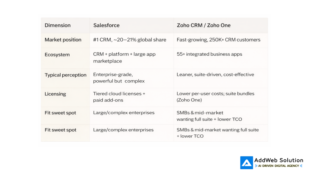 Table: Salesforce vs Zoho CRM at a glance
