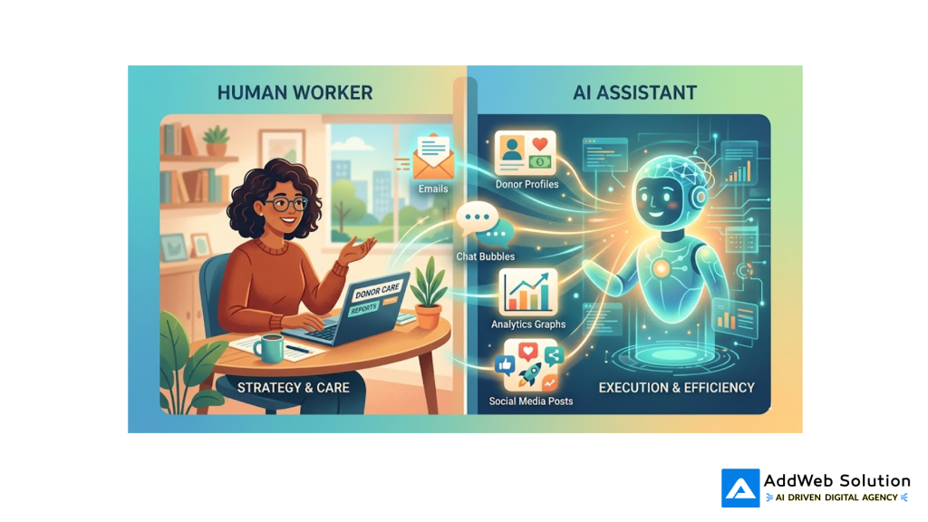 Human and AI assistant collaboration illustration