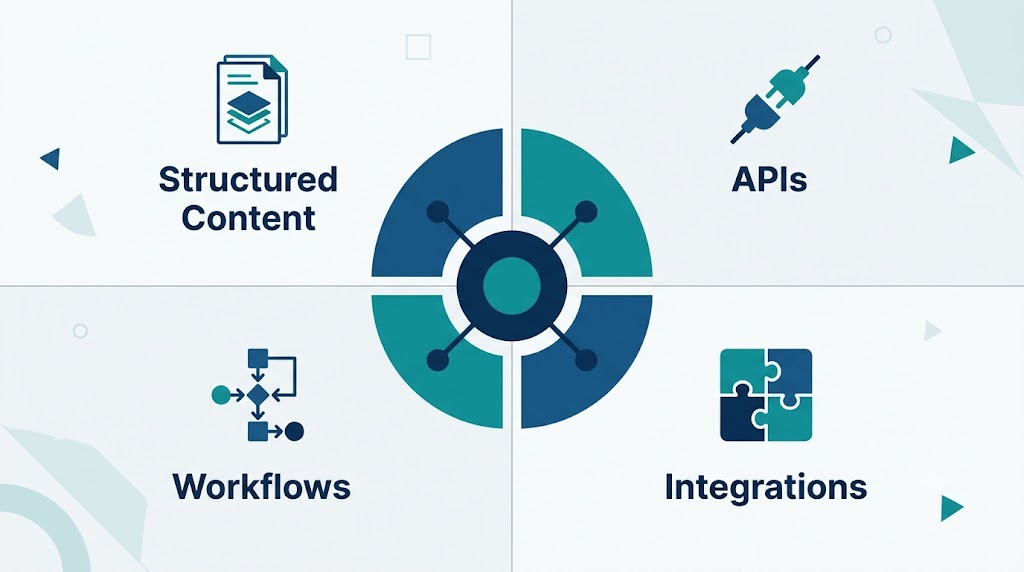Structured content, APIs, workflows, and integrations diagram
