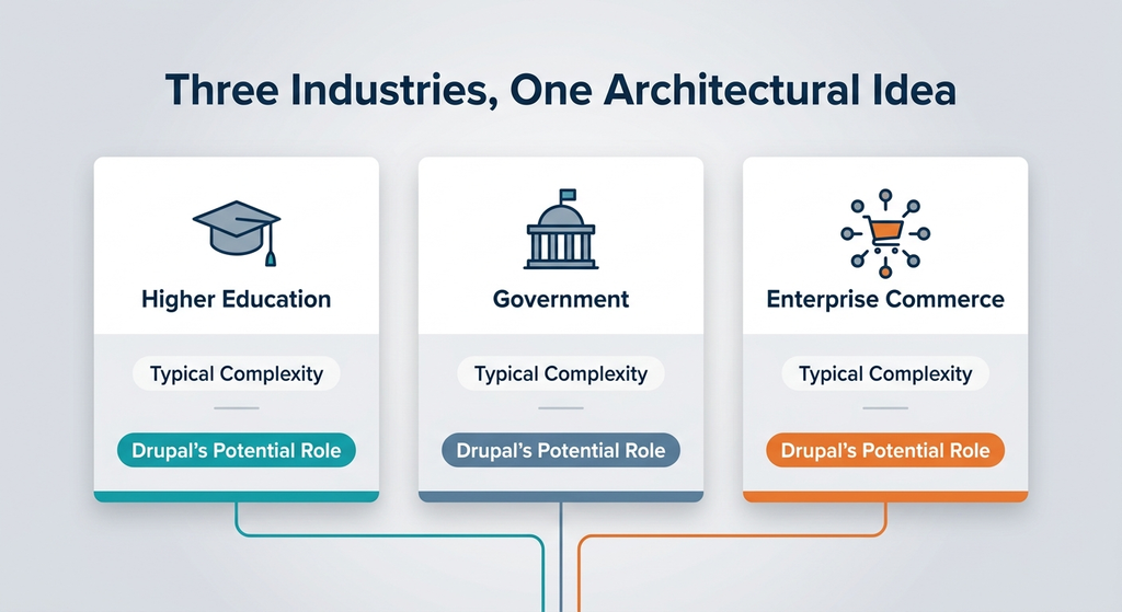 Three industries using Drupal architecture: higher education, government, and enterprise commerce