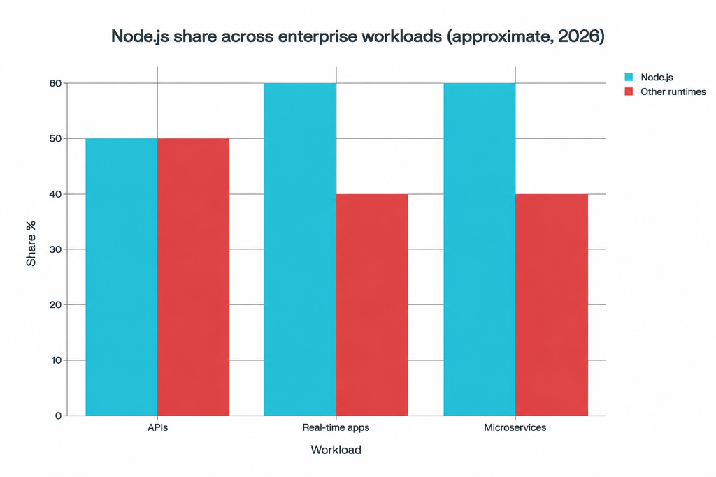 Node.js share across enterprise workloads (approximate, 2026)