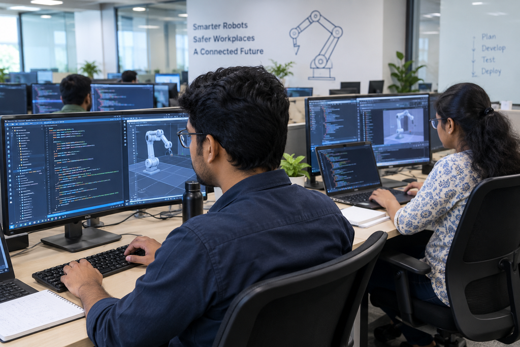 Robotics Engineers in a Modern Workspace